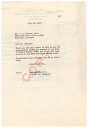 ["The letter is from Carl Albert, a Congressman from Oklahoma, thanking W. O. Roberts, the General Superintendent of the Five Civilized Tribes Agency, for sending a resolution regarding land matters in the Five Civilized Tribes area. The resolution addresses the removal of restrictions on land belonging to members of the tribes, particularly in relation to conveyances and sales of land. The resolution calls for amendments to existing laws that are causing harm to the economic conditions of individuals in the Tribes."]