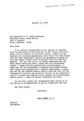 ["Congressman Carl Albert expresses disappointment in the Department of the Interior's decision to turn down Wilma Victor for a federal appointment, despite her outstanding qualifications and endorsements from Indian leaders. He thanks those who recommended her and expresses his best wishes. The Department of the Interior acknowledges receiving support for Wilma Victor for a position, but states that a decision has not been made yet."]