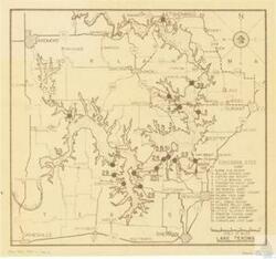 ["The documentation presents a detailed map of various locations and sites including RAVIAC, TISHOMINGO, MANNSVILL, ARDMORE, PROVENCE, SIMPSON, NIDA, LAKE MURRAY, MADILL, CUMBERLAND, OVERBROOK, SILO, CLIFF, MEAD, KIERSEY, KINGSTON, DURANT, MARIETTA, SHAY, CALERA, PLATTER, WILLIS, ENOS, FERRY, CARTWRIGHT, COLBERT, DEXTER, DENISON, and THACKERVILLE. It also includes information about various resort and camping sites such as BURNS RUN RESORT, WILLOW SPRINGS CAMP, CATFISH BAY RESORT, LITTLE MINERAL DOCK, PENNINGTON CREEK CAMP, HICKORY CREEK CAMP, BIG MINERAL CAMP, GRANDPAPPY POINT RESORT"]