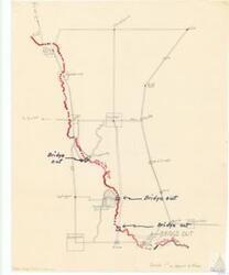 ["The document is a map or project documentation detailing various locations and routes including Ada, Paul's Valley, SH12, Wynnewood , Roff, DUNCEN, Davis, Sulphur, SH7, Dougherty, Millcreek, Troy, Springer, Gene Autry, Ardmore, Mannville Washita, Dixon, and Tishomingo. It also indicates several bridges being out, possibly suggesting detours or construction. The scale is 1 = approx. 4 Miles and it is found in Albert Maps Folder 4, Item 102. It is associated with the Carl Eldert Center."]