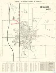 ["The document provided by the Ardmore Chamber of Commerce is a detailed map of Ardmore, Oklahoma, featuring key locations such as Donick Hill Country Club, Prairie Valley Road, and Roff Park among others. It also includes an index to city streets and a list of important establishments such as schools, public buildings, and hospitals. The establishments listed range from Charles Evans School and Ardmore Public Library to Southern Memorial Hospital and the U.S. Post Office."]