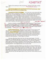 ["The document is a response to a letter addressing questions about immigration, abortion, and the environment. The author supports legal immigration but crackdown on illegal immigration, opposes abortion due to belief that life begins at conception, and believes in balancing economic growth with environmental protection. The author also provides information on a bill they have sponsored and encourages visiting their website for more information on their positions."]