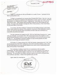["The document is a letter from man Dick Armey to Betty Wymore, addressing her concerns about President Bill Clinton's inappropriate relationship with an intern and expressing support for the Child Online Protection Act. Armey also mentions the House Judiciary Committee's hearings on the matter and the passage of H.R. 4328, which includes the Child Online Protection Act. He emphasizes the importance of protecting children from harmful materials online and thanks Wymore for contacting him."]