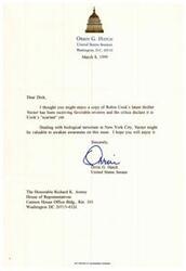 ["Senator Orrin G. Hatch sent a letter to Congressman Dick Armey recommending Robin Cook's latest thriller, \"Vector,\" which deals with biological terrorism in New York City. Hatch believes the book could help raise awareness on this issue and thought Armey would enjoy it."]