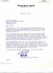 ["The document is a letter from Rick Lavis, Assistant to the Minority, inviting Ms. Hazel Elbert to a meeting to discuss S. 1017, the Indian Self-Determination and Education Reform Act. The meeting is scheduled for Tuesday, March 19 in the Committee library, with an executive session of the full committee scheduled for Wednesday, March 20. Lavis encourages Elbert to attend to discuss the future prospects for S. 1017 and other related matters."]