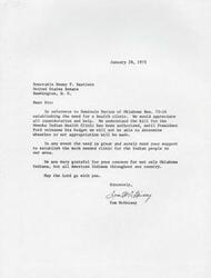 ["The document is a series of letters and resolutions regarding the establishment of a health clinic for the Seminole Nation of Oklahoma. The Seminole Nation has passed a resolution establishing the need for a health clinic in their area, and a local company, Wewoka Industries, Inc., has offered to donate land for the clinic. The documents are addressed to government officials seeking support and funding for the project."]