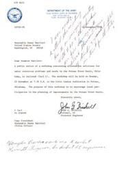 ["The document is a letter addressed to Senator Dewey Bartlett regarding a workshop on alternative solutions for water resources problems in the Poteau River Basin in Oklahoma. The workshop aims to encourage local participation in planning improvements in the basin. The document is signed by Colonel John G. Driskill, the District Engineer."]