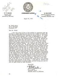 ["The document is from W. W. Keeler, the Principal Chief of the Cherokee Nation of Oklahoma, addressing a shortage of funds affecting individuals who had committed to training programs. Keeler explains that Congress did not provide funds to replenish the Indian Action Team Program, which resulted in the lack of funds available for training programs. Keeler assures the recipient that their application will be kept in pending status and they will be notified when funds become available."]