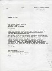 ["Debbie Jumper Boswell is seeking financial aid to attend a technical training school for health occupational training. She has been in contact with Don Bluejacket, a representative to United States Senator Dewey F. Bartlett, to discuss her options. Debbie is not interested in becoming a nurses aid or ward clerk, but rather wants to become a lab technician. She is married and is hoping to enroll in school in the fall."]