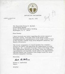 ["The Mayor of Tulsa, Robert J. LaFortune, received a letter from the Osage Tribe requesting representation on the Tulsa Area Manpower Authority Board of Directors. In response, Mayor LaFortune appointed Ed Red Eagle, Sr. as the replacement board member, providing adequate representation for the Osage Tribe. The Tribe felt that without representation, they were being left out of the direction and planning process for their reservation. The Mayor was asked to consider the Tribe's request for representation on the board."]