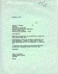 ["The document is a response from Dewey F. Bartlett, a United States Senator, to an invitation to attend the 1973 Indian Trades Fair. Bartlett expresses regret that he cannot attend due to a prior commitment, but offers to send his Field Representative, Mr. Don Bluejacket, in his place. He wishes the fair success and sends his best regards."]