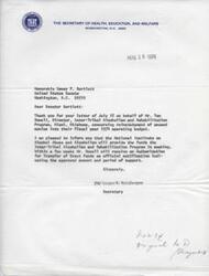 ["The Secretary of Health, Education, and Welfare has approved funds for the Inter-Tribal Alcoholism and Rehabilitation Program in response to a letter from Senator Bartlett. The program will receive an Authorization for Transfer of Grant Funds in the coming weeks."]
