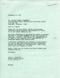 ["The document is a letter from Senator Dewey Bartlett in response to a resolution from the Inter-Tribal Council of the Five Civilized Tribes supporting the extension of Title IV of the Indian Education Act. The Council is requesting that Congress extend the funding for educational programs for Indian youth. Senator Bartlett acknowledges the Council's concerns and promises to keep them in mind when the legislation reaches the Senate for consideration."]