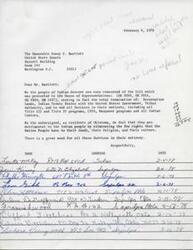 ["The document is a letter expressing concern about a bill that would terminate Reservation Lands, Indian Treaty Status, Tribal Authority, and services for Native Americans. It includes signatures from residents of Oklahoma who believe the bill would harm Native people's rights and culture. The document is addressed to Senator Dewey F. Bartlett."]