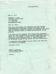 ["The document is a letter acknowledging concerns about  Comprehensive Employment and Training Act (CETA) legislation that would have an adverse impact on Indian participation in the program. The document urges consideration of the needs of Native American communities in extending CETA, including funding for programs, administrative structure, and job opportunities in the private sector. It emphasizes the importance of maintaining a special relationship between Indian tribes and the federal government."]