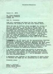 ["Mr. Carpenter sent a telegram protesting the closing of Fort Sill Indian School, expressing concern about the impact on Indian children and the community. Senator Bartlett responded, acknowledging the concerns and explaining that financial constraints may lead to the closing of some schools. An official from the Bureau of Indian Affairs will be in Oklahoma to gather information on the situation. Bartlett promises to work towards improving the quality of education for Indian children. Carpenter urges Bartlett to reverse the decision to close the school, citing social, economic, and historical consequences."]