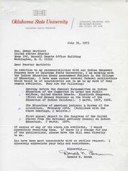 ["The document is a request from Donald N. Brown, a representative from Oklahoma State University, to Senator Dewey Bartlett for federal publications related to Indian education. Senator Bartlett responds that the requested hearings are out of print but can be found in libraries, and provides information on how to purchase copies of the First Annual Report on Indian Education."]