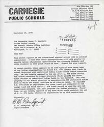 ["The document is thanking the Honorable Dewey F. Bartlett for supporting the educational appropriations bill, which will benefit students in Carnegie and throughout the state. The document also expresses opposition to using Pubic Law   874 funds solely for Indian education in school districts with restricted Indian lands, arguing that these funds should be used for all educational programs in the district."]