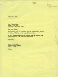 ["The document from Mrs. Fannie Hause to Senator Dewey F. Bartlett requests support for D-Q University's proposal for Title III funding. The Bureau of Indian Affairs states that they do not have jurisdiction over this matter and forwards the communication to the USOE. Senator Bartlett acknowledges Mrs. Hause's letter and expresses his interest in the issue. Mrs. Hause highlights the importance of education for Native Americans and urges further investigation into Dr. Player and Dr. Dickerson's decision."]