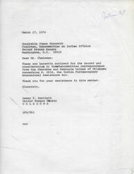 ["Various letters are enclosed for the record and consideration by the Subcommittee on Indian Affairs regarding S. 2634, the Indian Postsecondary Educational Assistance Act. The documents express concerns about the bill potentially excluding institutions like Bacone College in Oklahoma, and request for assistance in revising the bill to include such institutions. Senator Dewey Bartlett assures that the letters will be included in the record and that he will keep the interests of the tribes in mind when the Full Committee considers the bill."]