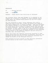 ["The memorandum discusses the issue of blood quantum requirements for Indian Health Service facilities in Oklahoma, particularly for the Five Tribes. It mentions a proposal for new health care facilities in Tahlequah and surrounding areas, with funding options and plans to address the health care needs of the Indian communities in eastern Oklahoma. It also discusses the legal requirements for admission to Indian Health Service facilities and the need for community-based health services. The memo indicates ongoing discussions with Senator Bellmon and plans for future updates on the matter."]