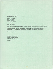["The letter acknowledges receipt of the Indian Health Care Resource Center's Annual Report and congratulates them on completing their first year of operation. The center's purpose is to identify and address health problems and needs of American Indians in Tulsa. The letter is signed by Dewey F. Bartlett, a United States Senator from Oklahoma."]