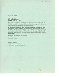["Mrs. J.B. Cox sent a letter to Mr. Ed King enclosing a copy of a letter to the President's Commission on Mental Health. Senator Dewey F. Bartlett's Legislative Assistant, Hazel E. Elbert, acknowledges and thanks Mrs. Cox for her efforts and informs her that the information provided will be helpful in addressing mental health issues. Mrs. Cox also expresses her prayers for Senator Bartlett's good health."]