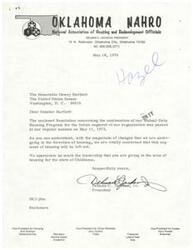 ["The Oklahoma State Chapter of the National Association of Housing and Redevelopment Officials passed a resolution authorizing Indian Housing Authorities to organize a meeting with the Oklahoma Congressional Delegation and HUD officials to seek support for the continuation of the Mutual-Help Housing Program for the Indian segment. Governor Overton James was appointed as the official spokesman for the group of delegates. The resolution was sent to Senator Dewey Bartlett for his support."]