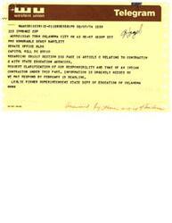 ["These telegrams are requests for support and clarification regarding Senate Bill 1017, which relates to contracting with state education agencies for Indian education programs. Various tribal organizations and school boards are seeking clarification on their responsibilities and support for different sections of the bill. The telegrams are urgent and request a response by a specific deadline."]
