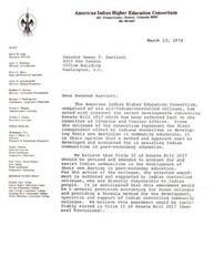 ["The American Indian Higher Education Consortium, comprised of six all-Indian-controlled colleges, is requesting support for an amendment to Senate Bill 1017 to assist Indian communities in post-secondary education. The consortium believes that the amendment should provide a formula method for the development, operation, and support of Indian-controlled community colleges. The document is addressed to Senator Dewey F. Bartlett and is signed by Executive Director David M. Gipp."]