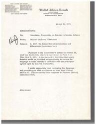 ["Senator Jackson, Chairman of the Committee on Interior & Insular Affairs, has drafted an amendment to Part A of Title II of S. 1017, the Indian Self-Determination and Educational Assistance Act. He has asked all committee members to review the language and provide feedback by March 27."]