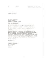 ["Dr. Arn Henderson appeared before the Indian Affairs sub-committee hearings on Indian Housing in August 1975 in Anadarko, Oklahoma. Senator Dewey F. Bartlett thanked Dr. Henderson for his testimony and for providing a copy of his final report to the committee. The report will be important for future evaluations of the Indian Housing program."]