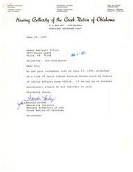 ["The document is a list of local Indian Housing Authorities by Bureau of Indian Affairs Area Office in different regions, such as Aberdeen Area, Albuquerque Area, and Anadarko Area. Each area lists the names and contact information of the Executive Directors or Chairpersons of various tribal housing authorities. The list is dated June 25, 1975, and is signed by Ronald Froman, the Executive Director of the Housing Authority of the Creek Nation of Oklahoma."]