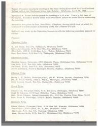 ["The document provides a report of a quarterly meeting of the Inter-Tribal Council of the Five Civilized Tribes held in April 1975. The meeting was opened by President B. Frank Belvin with the assistance of Vice-President Tanyan. Roll call was conducted, and members from various tribes were present. Various topics were discussed, including a court decision regarding the Arkansas Riverbed, Public Law 93-638, and the role of Indian Health Service employees in tribal politics. A resolution was passed to recognize Service Unit Director Floyd Anderson for his services to the Cherokee Tribe."]