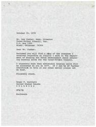 ["Senator Dewey Bartlett wrote to the Department of Housing and Urban Development on behalf of the Inter-Tribal Council in Miami, Oklahoma, requesting additional housing units. The Department responded that they had already allocated units for the transitional quarter but anticipated receiving authorization for additional units in the near future. The Inter-Tribal Council had requested 275 additional housing units to meet the needs of the eight tribes they serve in Northeastern Oklahoma. Senator Bartlett expressed hope that the Council would receive the necessary housing units and offered further assistance if needed."]