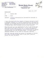 ["The document includes memos to Senator DFB about scheduling Interior Appropriations Subcommittee hearings in Oklahoma for oversight purposes, a technical amendment to vocational education provisions, and the status of Wichita Claims legislation. It provides details on the proposed schedules, concerns about the vocational education amendment, and updates on the legislative process for the Wichita Claims legislation."]