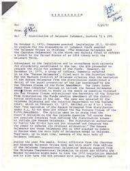 ["The memorandum discusses the distribution of judgment funds awarded to the Delaware Tribes in Oklahoma, specifically the exclusion of the Kansas Delawares from the distribution. The issue arose due to a lawsuit filed by the Kansas Delawares, leading to a Supreme Court decision that they were not entitled to share in the funds. Both the Oklahoma Delawares and the Kansas Delawares are seeking support from the Oklahoma Congressional Delegation for differing outcomes. The BIA had prepared to distribute the funds, but now must wait for the Supreme Court's decision on the Kansas Delawares' request for a rehearing. The exclusion of the Kansas Delawares was a result of strict eligibility criteria established by the Oklahoma Delawares to prevent delays in fund distribution. The memorandum also mentions upcoming meetings with tribal officials to discuss the issue further."]