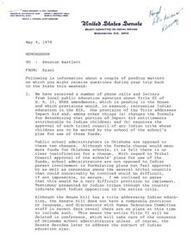 ["The memo discusses pending matters related to Indian education and a bill to restore Federal recognition to certain tribes. It mentions concerns from Oklahoma school administrators about changes to Impact Aid and Tribal Council approval of school plans. It also notes that the Senate bill does not have provisions for Indian education, which may be addressed in conference. Additionally, it mentions that the bill to restore Federal recognition to certain tribes has been cleared for Presidential approval."]