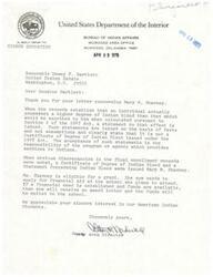 ["The document is from the Bureau of Indian Affairs regarding Mary M. Shavney's eligibility for a grant due to discrepancies in her Indian blood degree. The Bureau states that they have issued a statement concerning her Indian blood and she is now eligible to apply for financial aid at the school she plans to attend. If a financial need is established and funds are available, they will be mailed to the school. The Bureau appreciates the Senator's interest in American Indian students."]