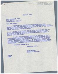 ["The document includes a letter from a member of Congress to a citizen asking for their opinions on various important issues facing the nation. The citizen responds with their views and concerns about the conditions at Chilocco Indian School and expresses their support for the school and certain individuals. The member of Congress acknowledges the response and thanks the citizen for their input."]