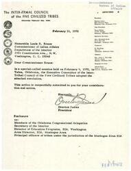 ["The document is a resolution adopted by the Executive Committee of the Inter-Tribal Council of the Five Civilized Tribes regarding the administration of the Johnson O'Malley program for Indian students in public schools. The resolution recommends that the program continue to be administered by the Indian Education Division of the Oklahoma State Department of Education, but also suggests that if the Bureau of Indian Affairs insists on contracting with an Indian organization or tribe, the Five Civilized Tribes should be awarded a single contract for the program in schools under the jurisdiction of the Muskogee Area Office. The resolution was adopted unanimously in a special-called session in Tulsa on February 9, 1972."]