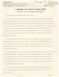 ["The document provides updates on Indian legislation enacted by the Eighty-Fourth Congress, including laws related to civil and criminal jurisdiction on Indian reservations, long-term leases of Indian lands, and ownership of subsurface rights on the Papago Reservation. It also outlines a legislative program for American Indians, including bills to establish economic redevelopment programs, address land claims and tribal title to lands, and provide for the hospitalization and care of the mentally ill in Alaska. Additionally, The document calls for bills to give tribes control over their income and to provide funds for tribal delegations to testify before Congress."]