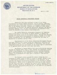 ["The document discusses the Indian Industrial Development Program initiated by the Bureau of Indian Affairs to advance the economic and social status of Indian people. The program aims to establish industries on or near Indian reservations to provide employment opportunities for unemployed Indians. The program includes on-the-job training, credit programs for tribes, and relocation programs. The document also highlights successful examples of Indian employees in industrial settings and lists upcoming plants as a result of the program."]