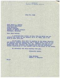 ["Miss Marie L. Wadley, Executive Secretary of Tribal Programs at the Bureau of Indian Affairs in Muskogee, Oklahoma, wrote a letter to Congressman Page Belcher expressing support for H.R. 6095, which would amend an act related to employment for certain adult Indians. Belcher responded, acknowledging her letter and stating that he has no way of knowing the outcome of the bill but will remember her interest and suggestions if it comes to the House floor."]