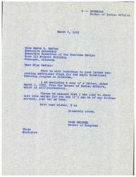 ["The document consists of correspondence between Miss Marie L. Wadley, the Executive Secretary of the Executive Committee of the Cherokee Nation, and Honorable Page Belcher, a Member of Congress. Miss Wadley is requesting additional funds for the Adult Vocational Training program in Oklahoma, and Belcher assures her that he will look into the matter. The Bureau of Indian Affairs also expresses interest in the program and requests additional funds for operation in the next fiscal year. The Inter-Tribal Council of the Five Civilized Tribes also supports the request for additional funding."]