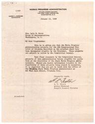 ["The Works Progress Administration projects for the 4th Congressional District of Oklahoma have been designated eligible by the President and are subject to review by the Comptroller General. These projects can be operated at the discretion of the State Works Progress Administrator, and further information can be obtained from the Oklahoma State Works Progress Administrator. The projects include construction, reconstruction, improvement, and aid in various public facilities, but federal funds cannot be used for land purchase. The attached sheet lists specific projects in Okfuskee County and Hughes County."]