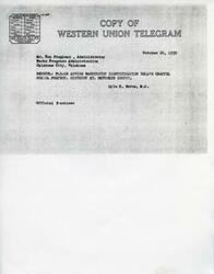 ["The document provides options for different classes of service for sending a telegram, including domestic, cable, ordinary, urgent, deferred, night, and special. It also reminds patrons to check the desired class of service to ensure the message is transmitted correctly. The message itself is a request for information on a school project in Oklahoma from Lyle H. Boren to Ron Stephens."]