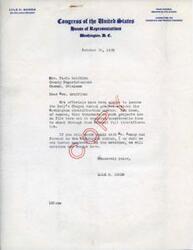 ["Lyle H. Boren, a member of the Committee on Interstate and Foreign Commerce in the US Congress, is requesting the Washington identification number for the Bell's Chapel school project from Mrs. Viola Griffith, the County Superintendent in Okemah, Oklahoma. Without this number, Works Progress Administration (WPA) officials are unable to locate the project in their records. Boren asks Griffith to check with Mr. Kenny and provide the necessary information to expedite the approval process."]