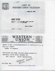 ["The document is about a telegram sent to Quinton Griffith in Oklahoma, informing him that Application 230 for a school building in Okemah has been approved by the President. The sender, Tom L. Pope Joy, is the Deputy Administrator. The document also includes information about different classes of service for telegrams and requests feedback from patrons."]