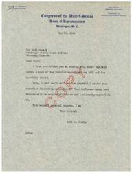 ["Lyle H. Boren, a Congressman from Oklahoma, received a letter from Roly Canard, the Principal Chief of the Creek Indians, requesting a copy of the Interior appropriations bill and Committee Report. Canard expresses gratitude for Boren's friendship and support, and promises to continue supporting him in the future."]